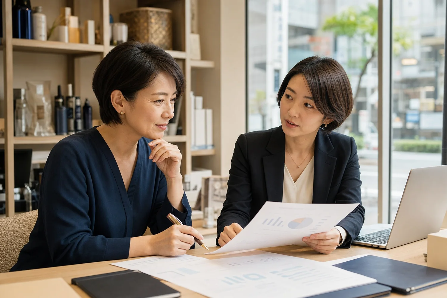 事業承継計画について資料を見ながら相談する経営者